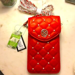NWT Badgley Mischka Red Pearl Strap Phone Case with diamond quilting and pearls.